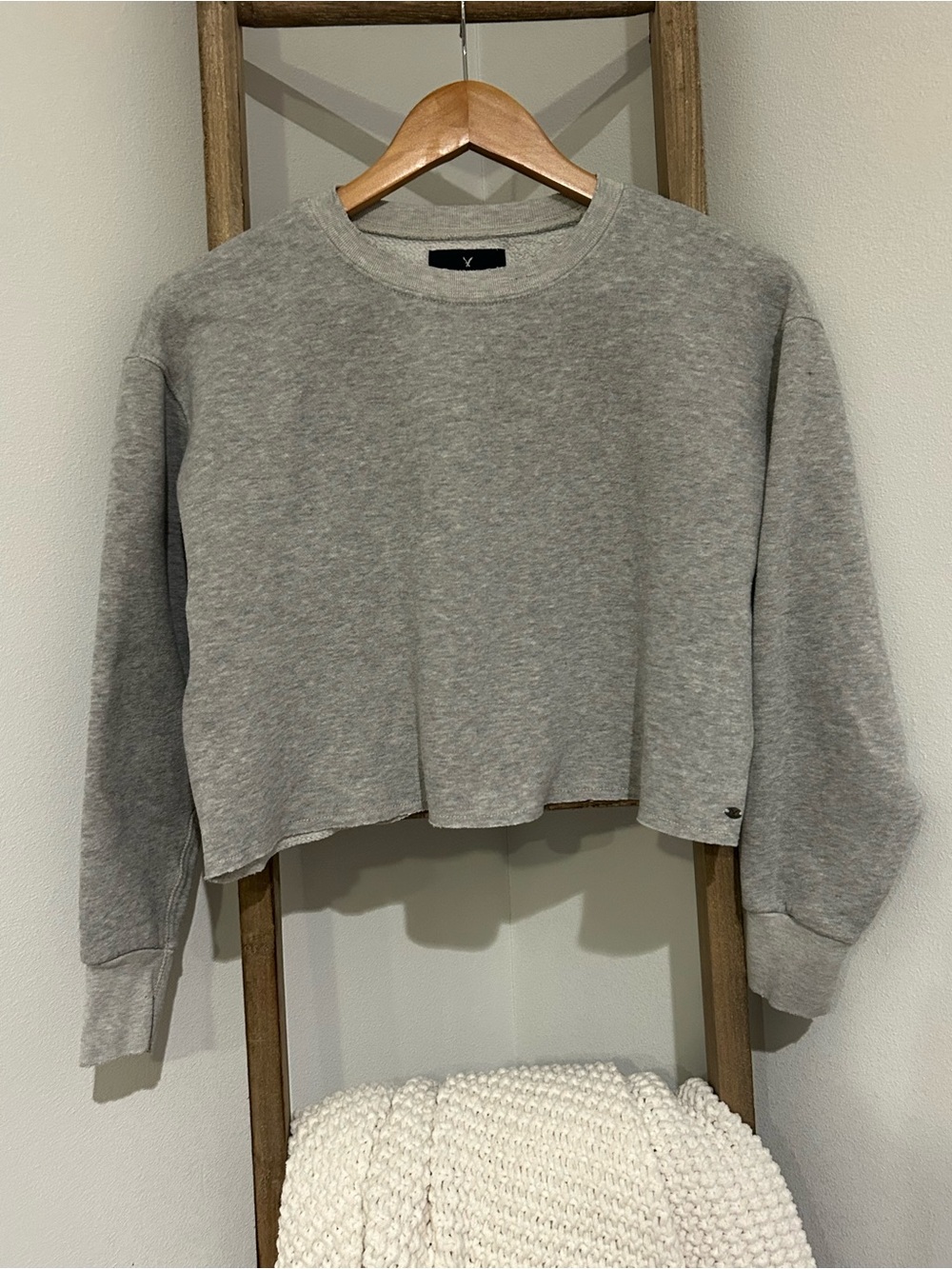 American Eagle Outfitters Light Gray Cropped Crewneck Sweatshirt